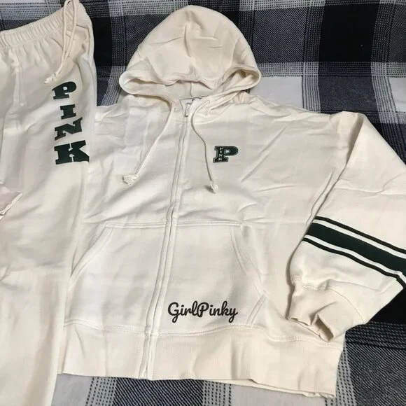 VS PINK SWEATPANTS OUTFIT & FULL ZIP IN WHITE SHELL & DARK FOREST GREEN L XL XXL - Picture 4 of 11